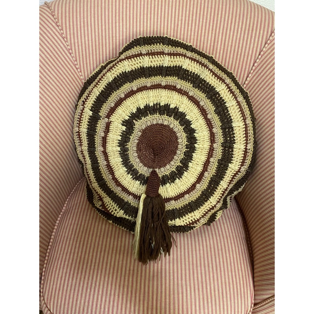 Crocheted Throw Pillow MCM Browns Beige Vtg 70s Look Round Meditation - Picture 9 of 10